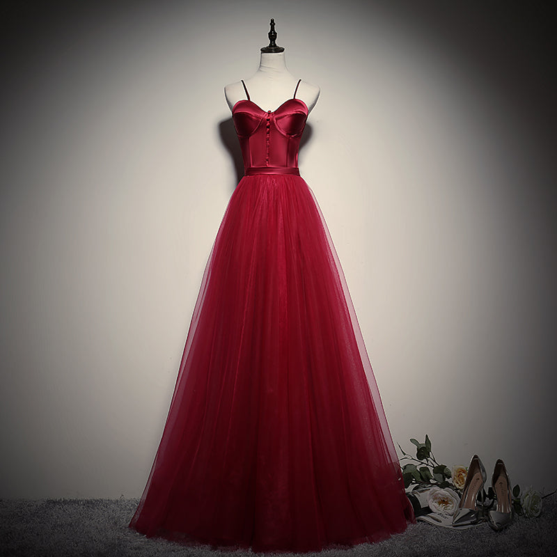Gorgeous Dark Red Straps Tulle Long Party Dress