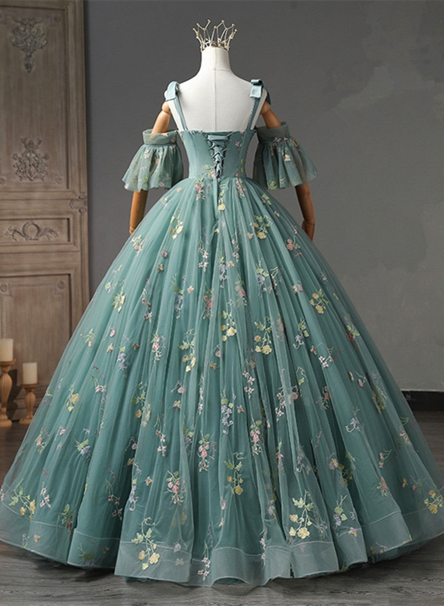 Vestido formal largo con hombros descubiertos y estampado floral verde 