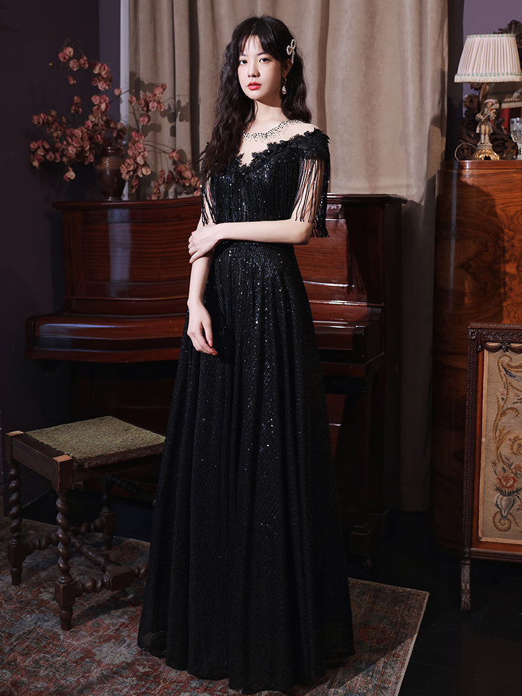 Black Sequins and Lace A-line Prom Dress