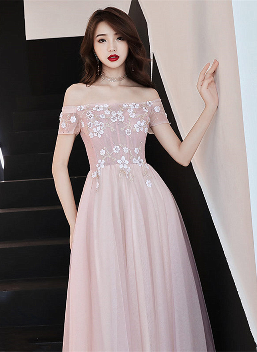 Vestido de fiesta rosa con hombros descubiertos y flores, corte A 