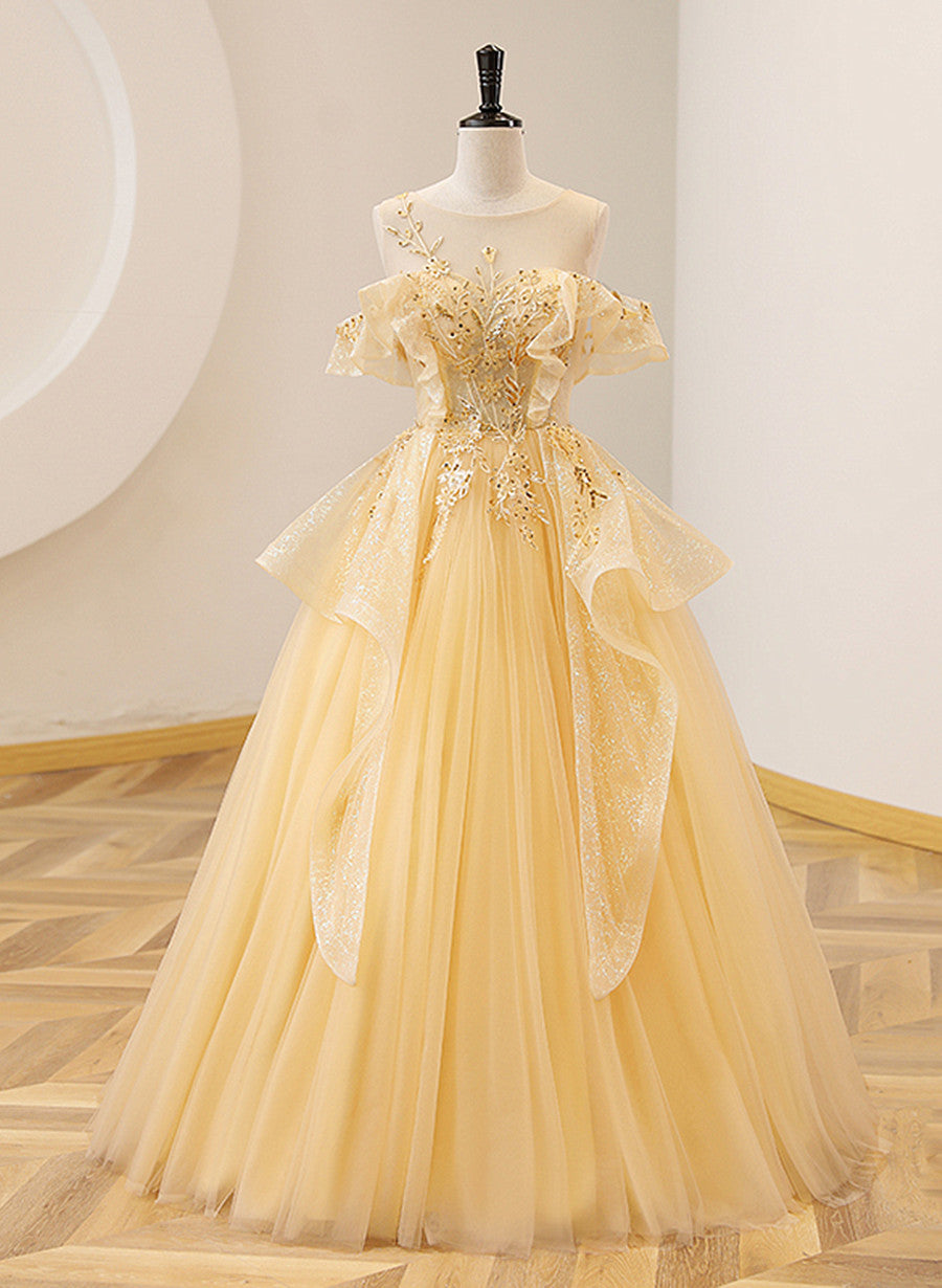Light Yellow Tulle with Beadings and Lace Party Dress