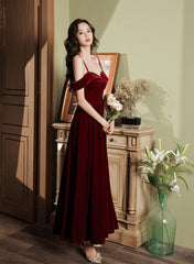 Wine Red Velvet Simple Sweetheart Off Shoulder Party Dress