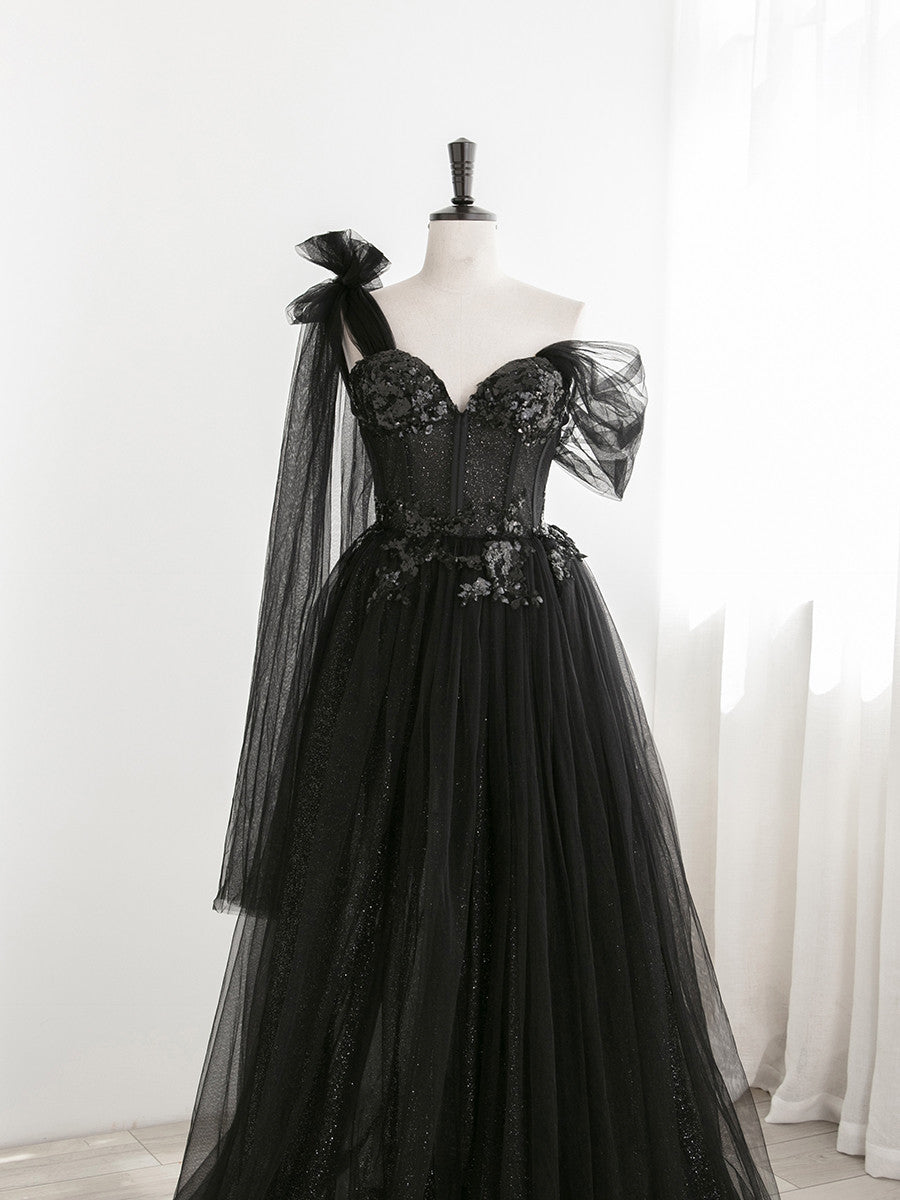 Sexy Black One Shoulder Tulle Sweetheart Sequins Party Dress