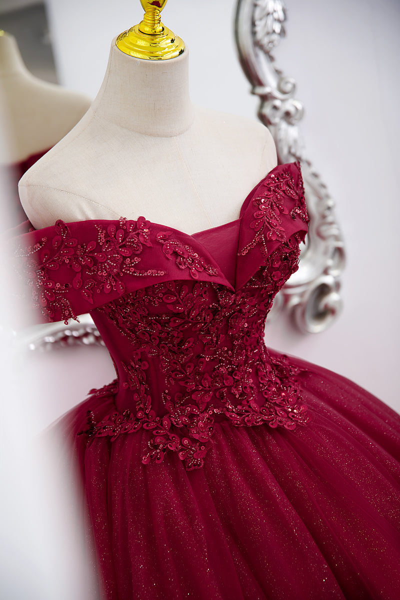 Burgundy Sweetheart Flowers Sequins Lace Party Dress