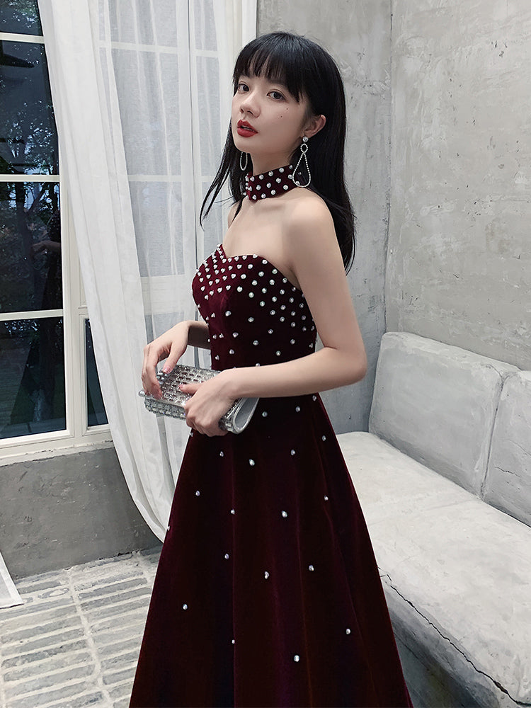 Wine Red Velvet Beaded Long Prom Dress