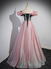 Elegante vestido de noche largo rosa con hombros descubiertos y corte A 
