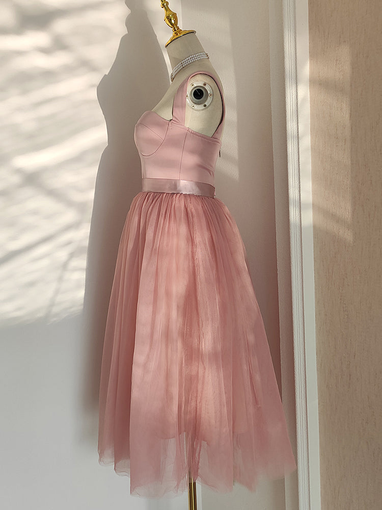 Pink Tea Length Sweetheart Tulle Party Dresses