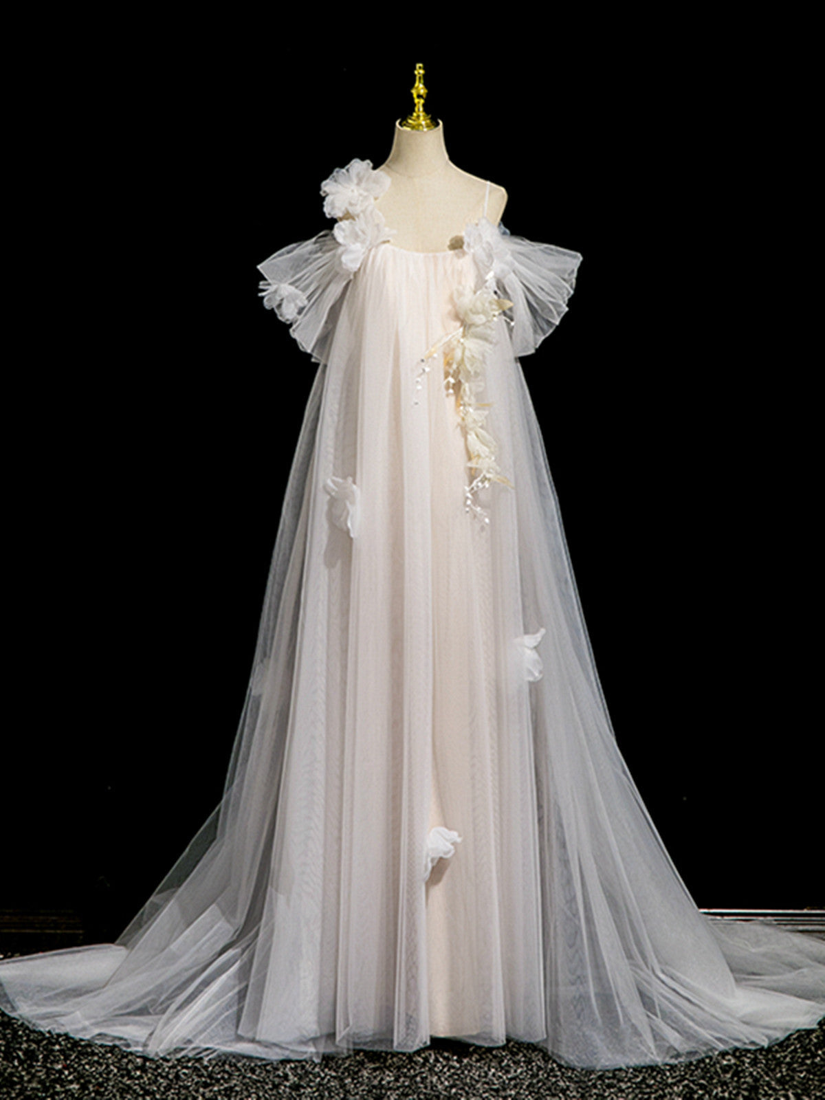 Vestido de fiesta de boda largo con escote redondo de tul color marfil con flores 