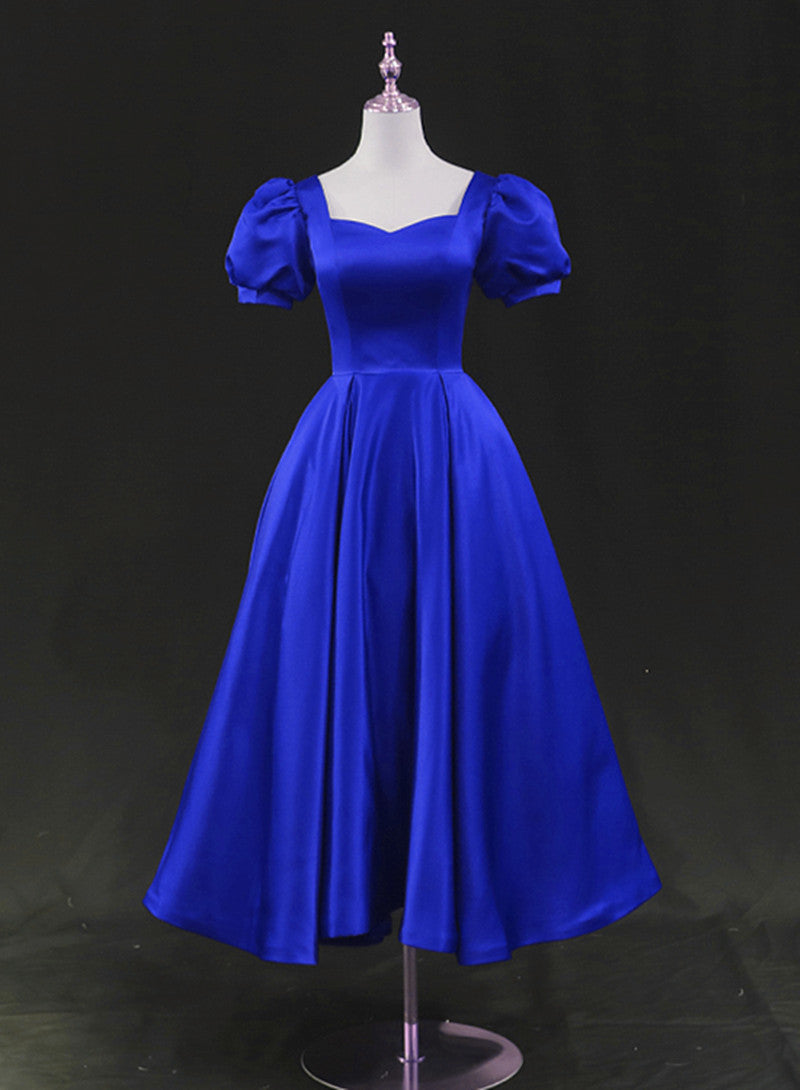 Vestido de fiesta de boda de satén azul real hasta la rodilla 
