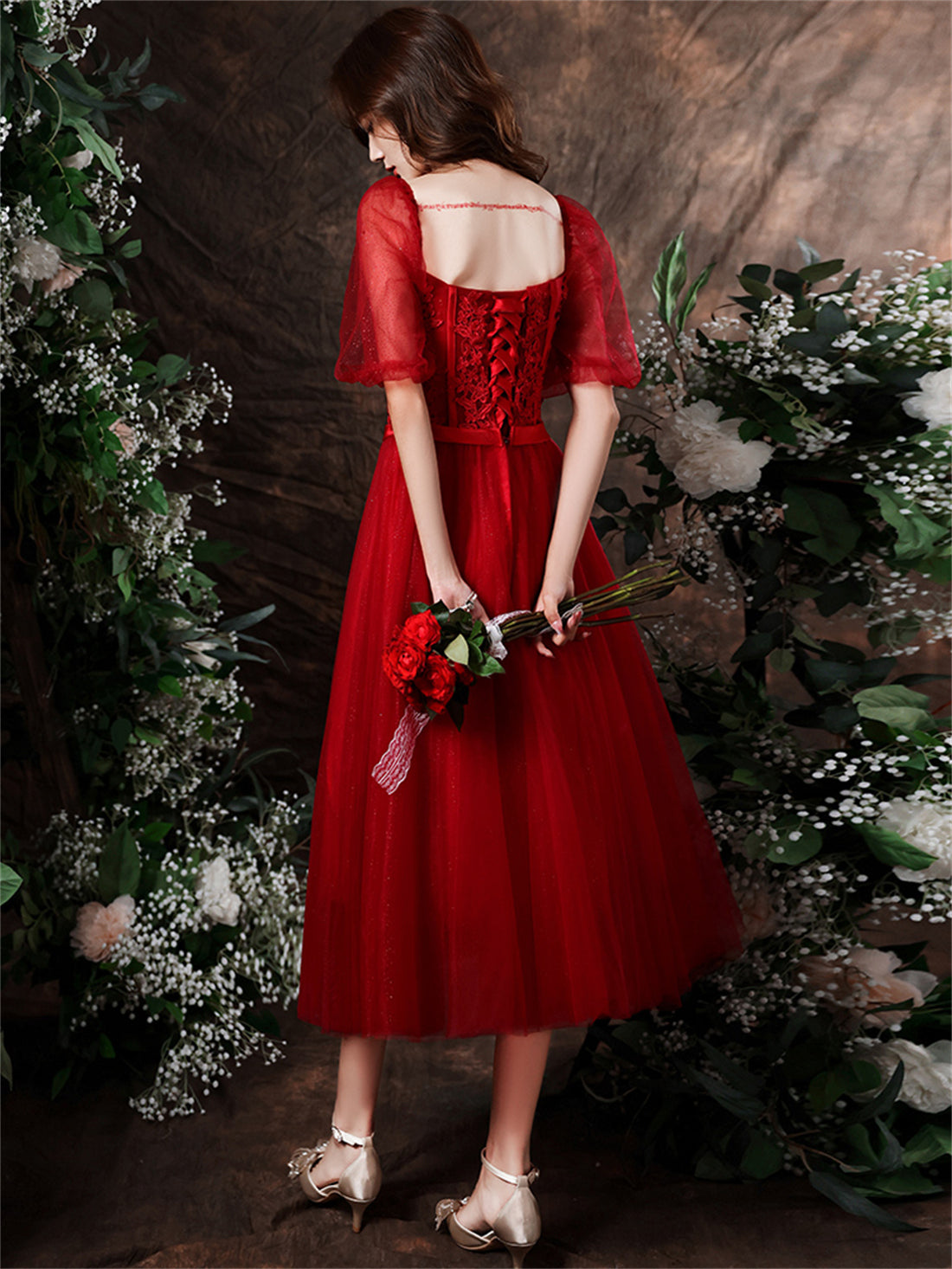 Cute Wine Red Tulle with Lace Tea Length Formal Dress