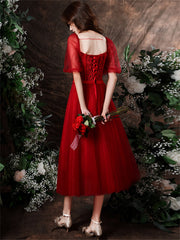 Cute Wine Red Tulle with Lace Tea Length Formal Dress