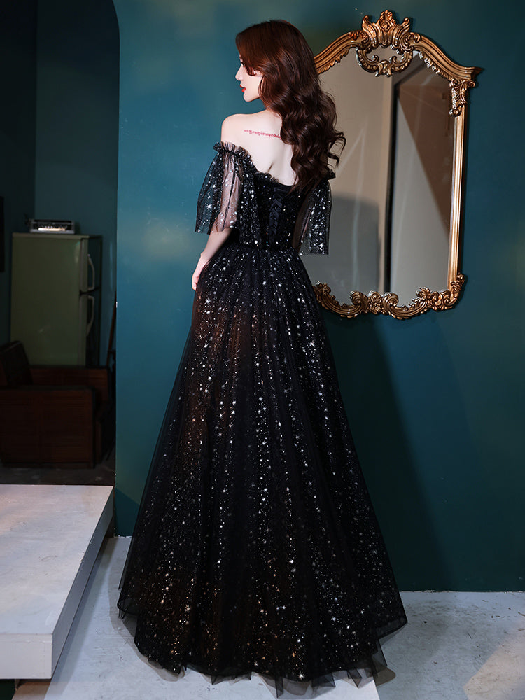 Vestido de fiesta largo de tul negro con hombros descubiertos 