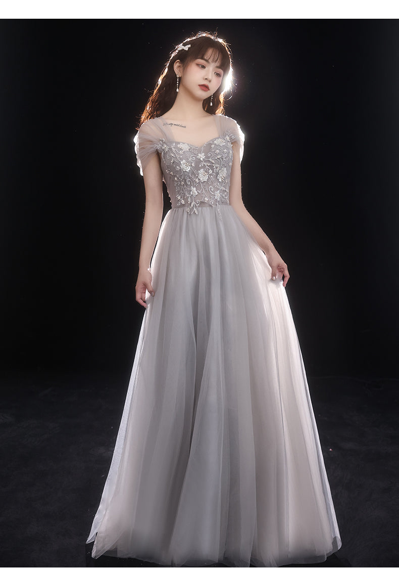 Light Grey Beaded Off Shoulder Tulle A-line Junior Prom Dress