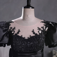 Black Satin A-line Floor Length Long Party Dress with Lace