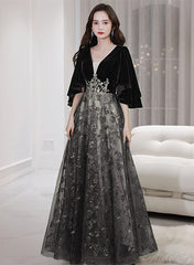 Black Tulle and Velvet Chic Long A-line Prom Dress