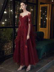 Vestido de fiesta largo de tul rojo vino con apliques de encaje 