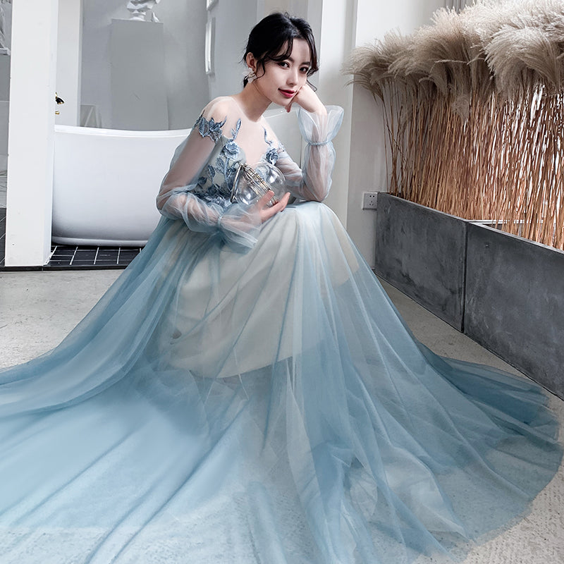 Blue Long Sleeves Tulle Party Dress with Lace Applique