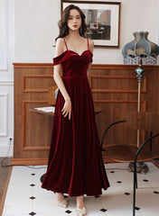 Wine Red Velvet Simple Sweetheart Off Shoulder Party Dress