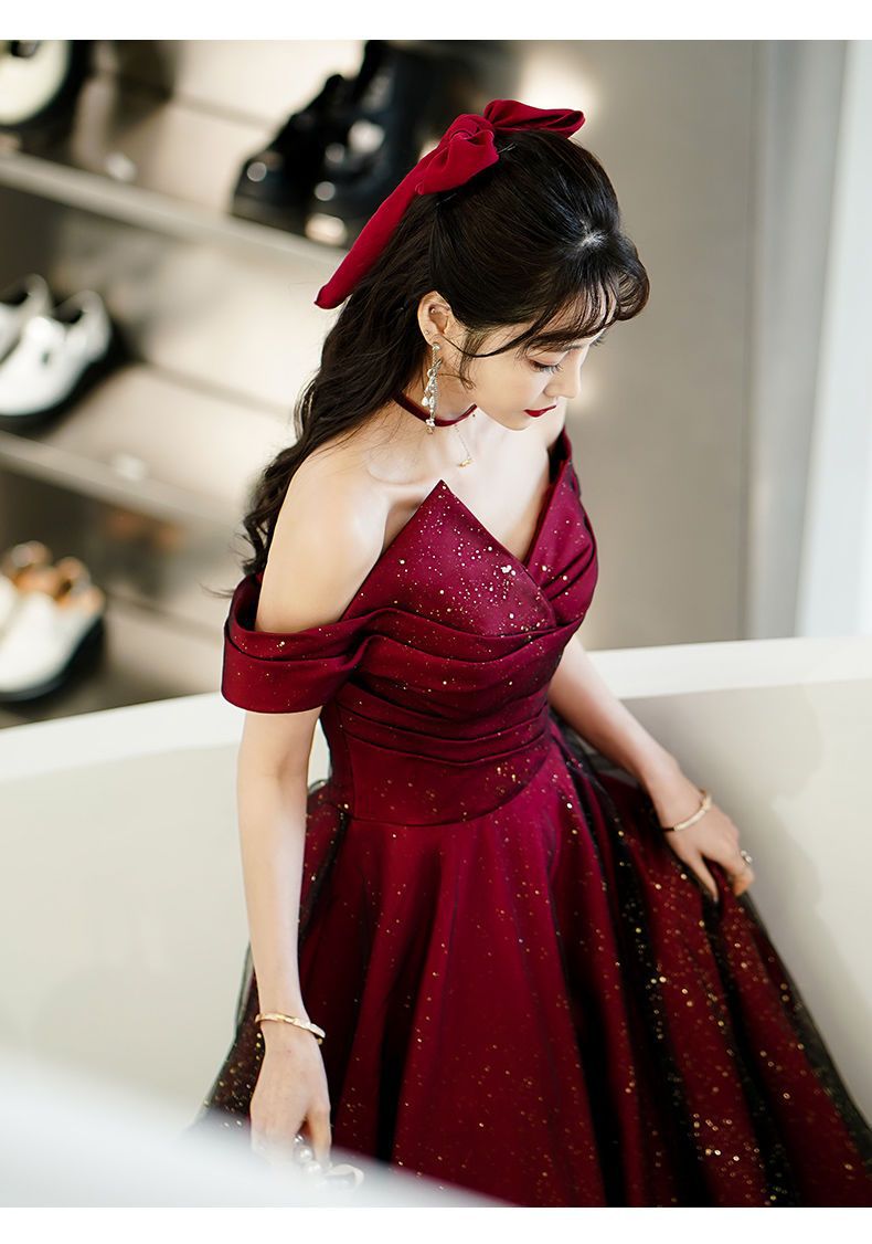 Wine Red and Black Off Shoulder Satin Party Dress