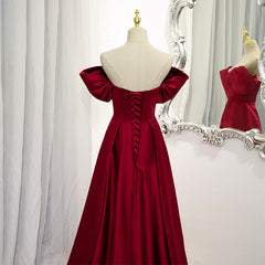 Wine Red Satin A-line Floor Length Party Dresses