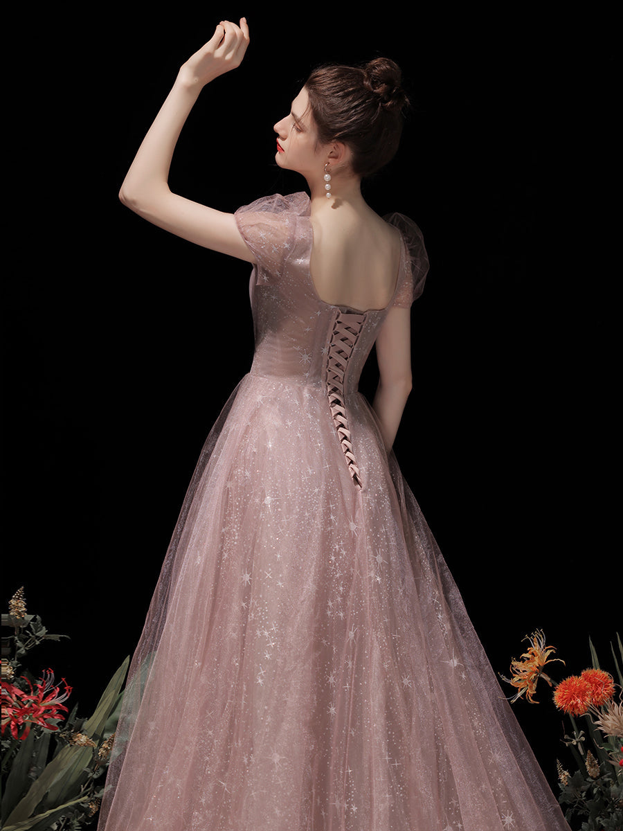 Vestido formal de tul rosa con mangas cortas y corte A hasta el suelo 