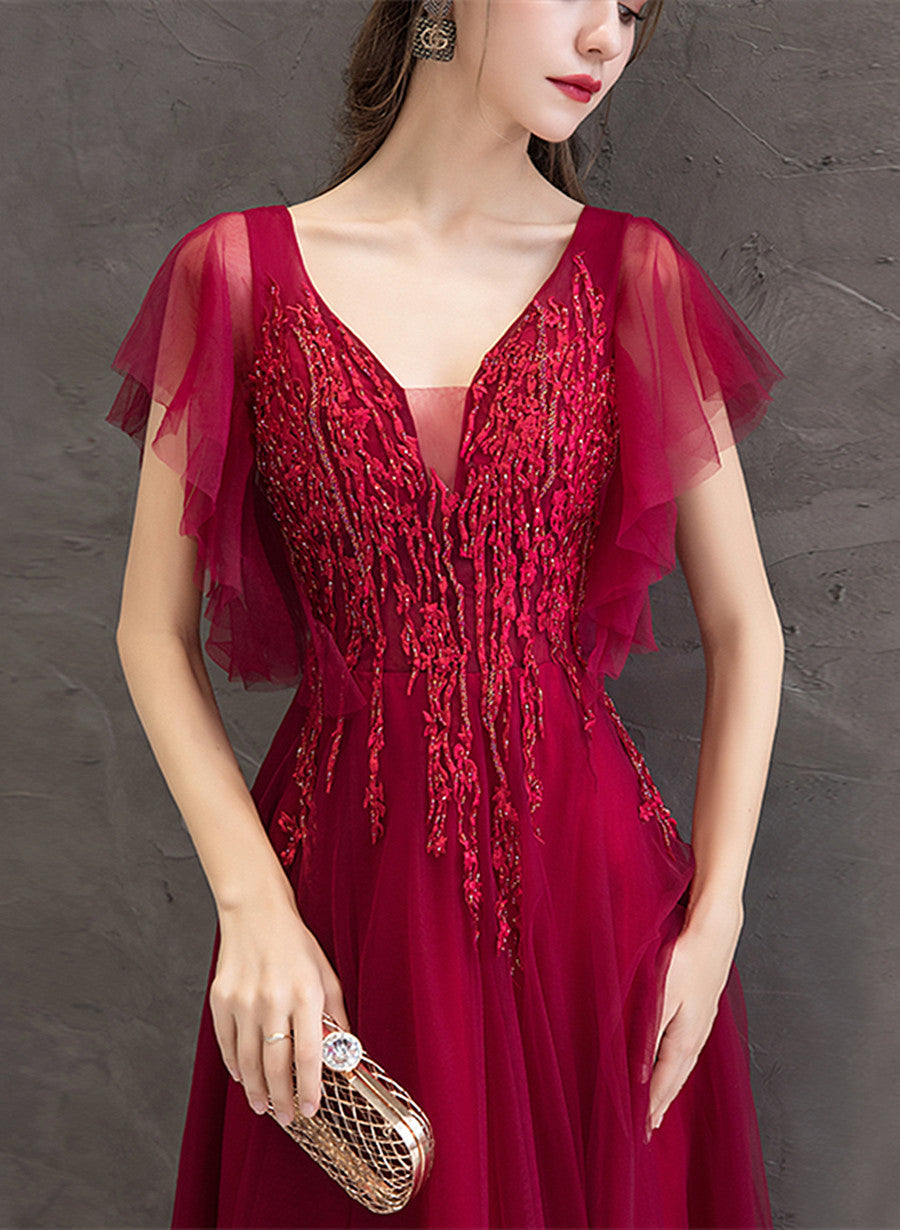 Wine Red Lace Beaded Puffy Sleeves Party Dress