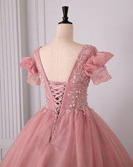 Vestido de fiesta de tul rosa con apliques de encaje para quinceañeras 