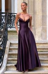 Lovely Purple Satin and Tulle Straps Long Party Dress