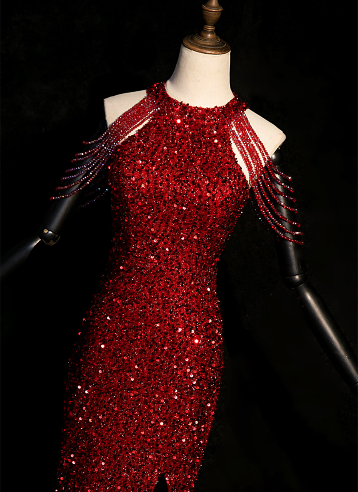 Wine Red Sequins Halter Mermaid Floor Length Party Dress