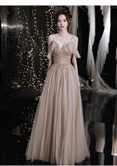 Charming V-neckline Beaded Tulle Straps Prom Dress