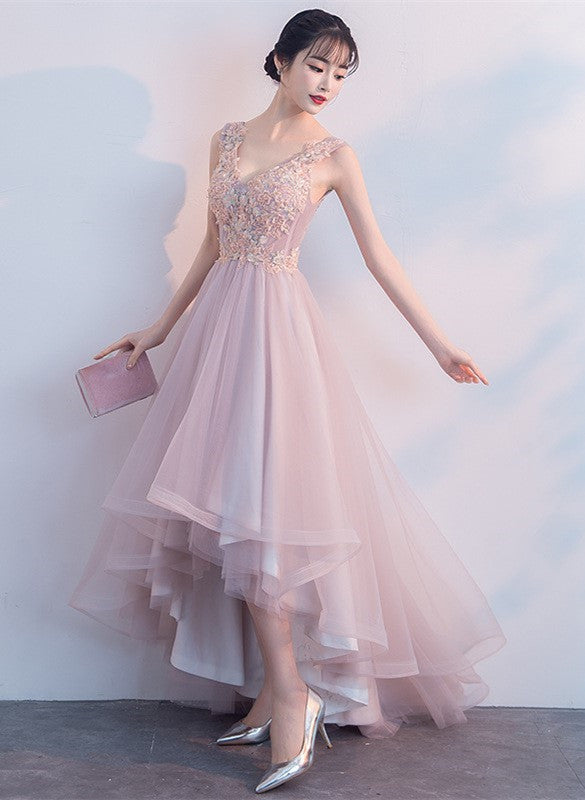Pink V-neckline High Low Formal Dress