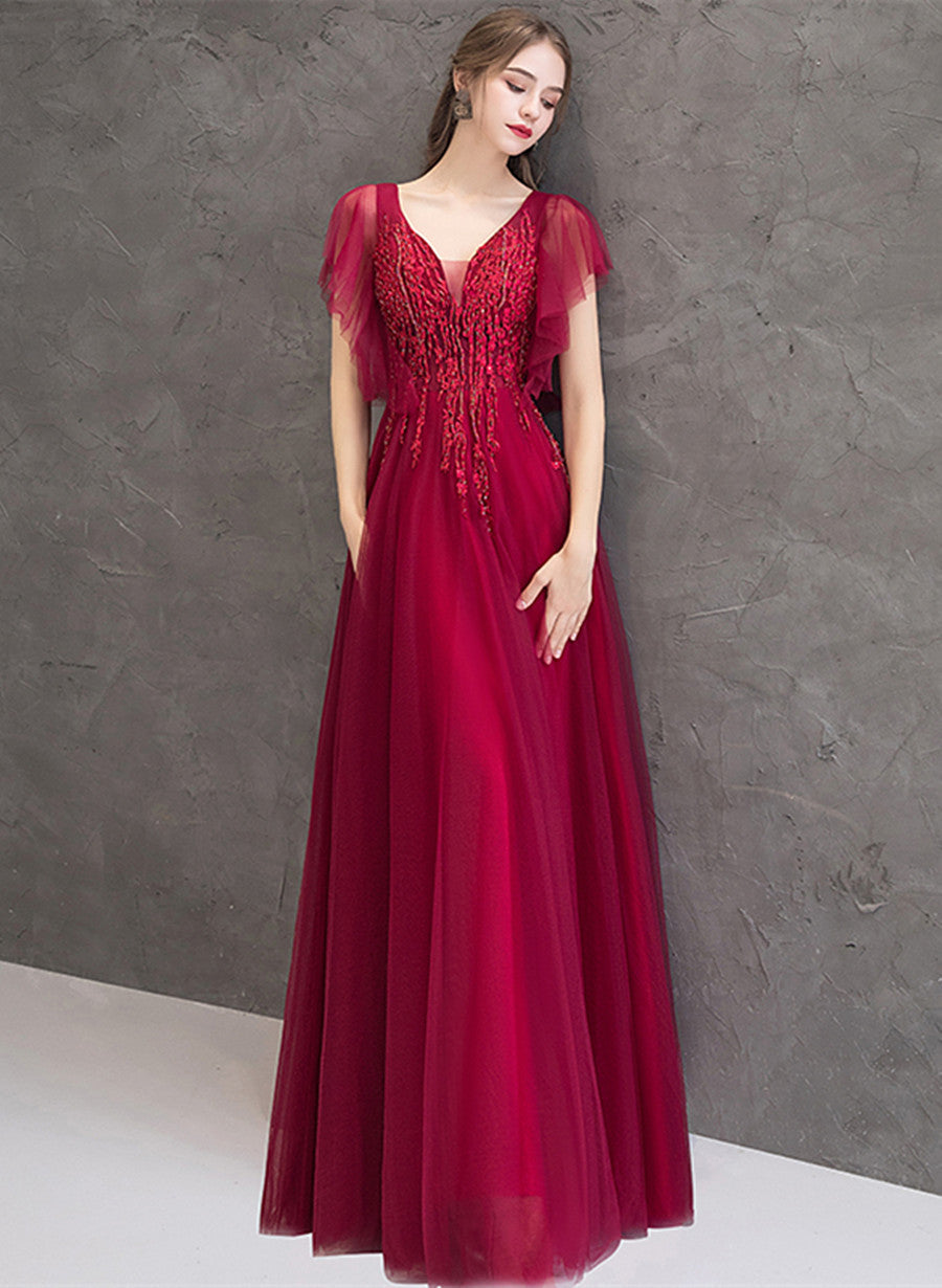 Wine Red Lace Beaded Puffy Sleeves Party Dress