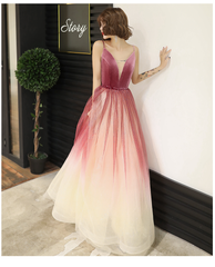 Lovely Pink Gradient Velvet Top Long Evening Dress