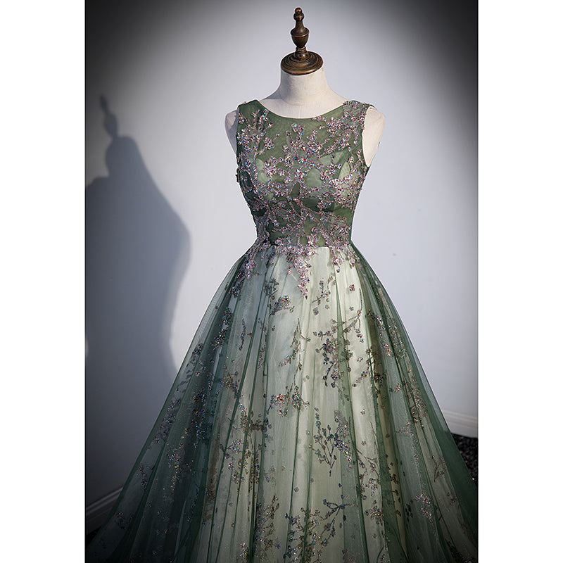 Vestido de fiesta largo de tul verde con escote redondo 