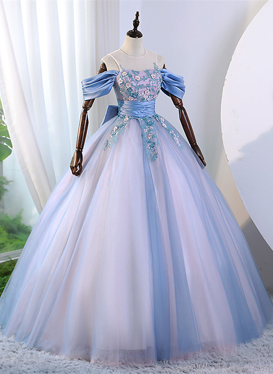Vestido formal rosa y azul con hombros descubiertos y apliques de encaje 