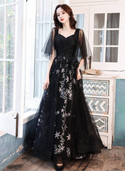 Black Beaded Straps A-line Floor Length Party Dress