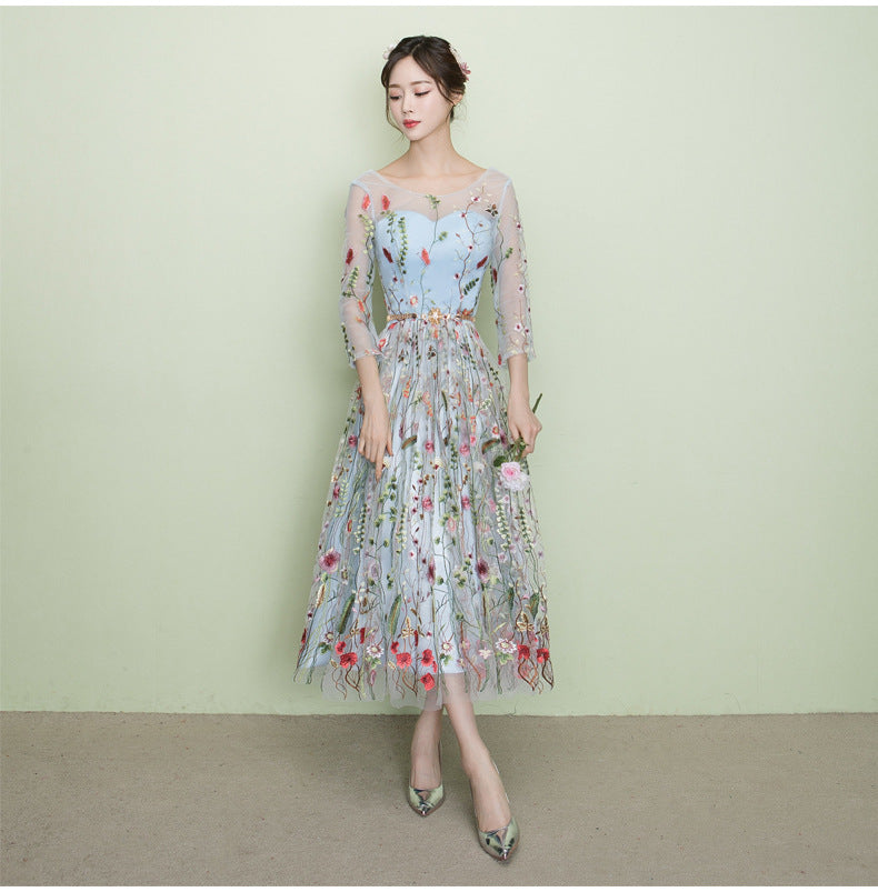 Light Blue Tea Length Lace Floral Wedding Party Dress