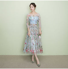 Light Blue Tea Length Lace Floral Wedding Party Dress
