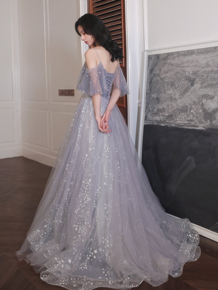 Chic Tulle and Beaded Low Back Long Evening Gown