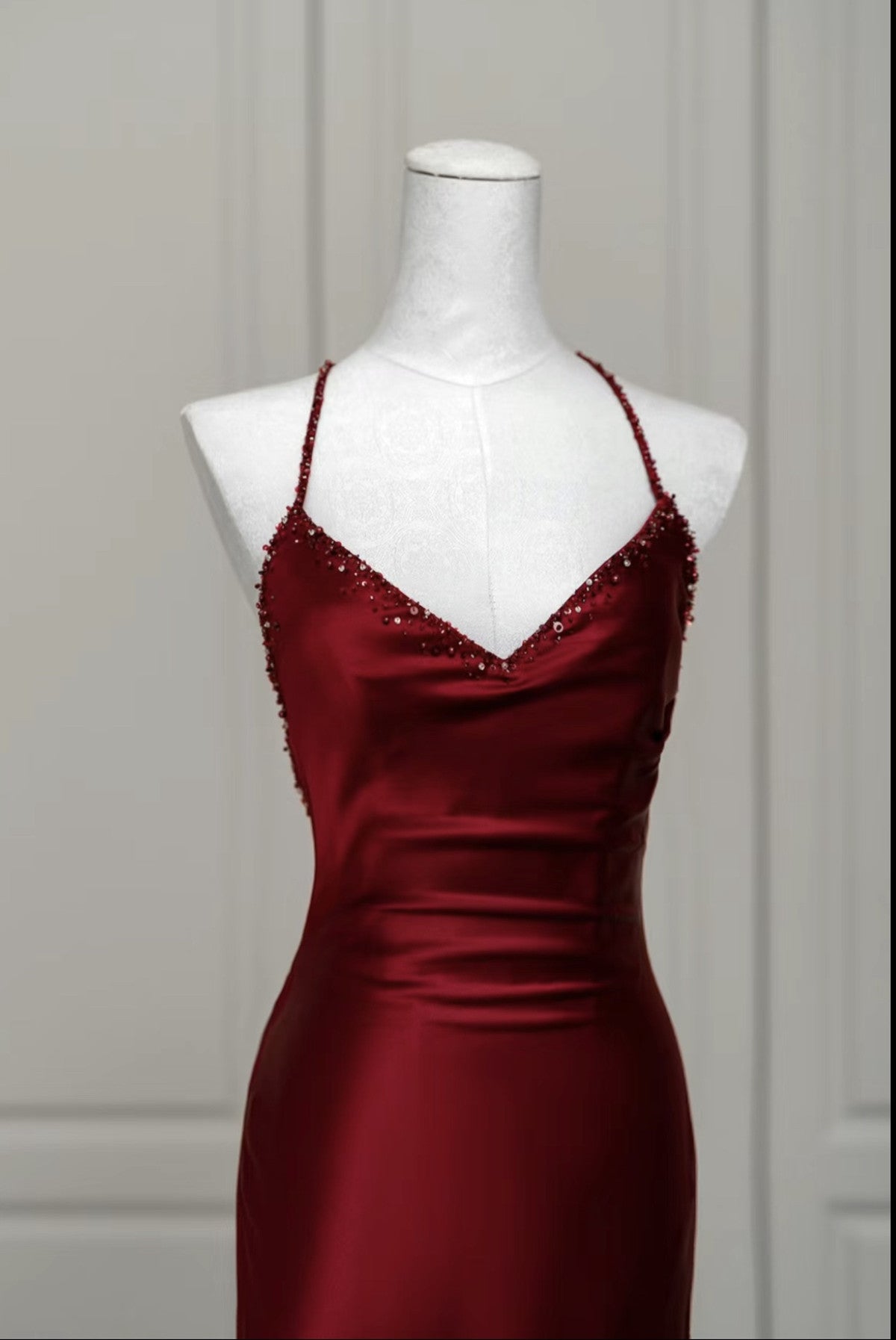 Wine Red Satin Mermaid Straps Low Back Prom Dress