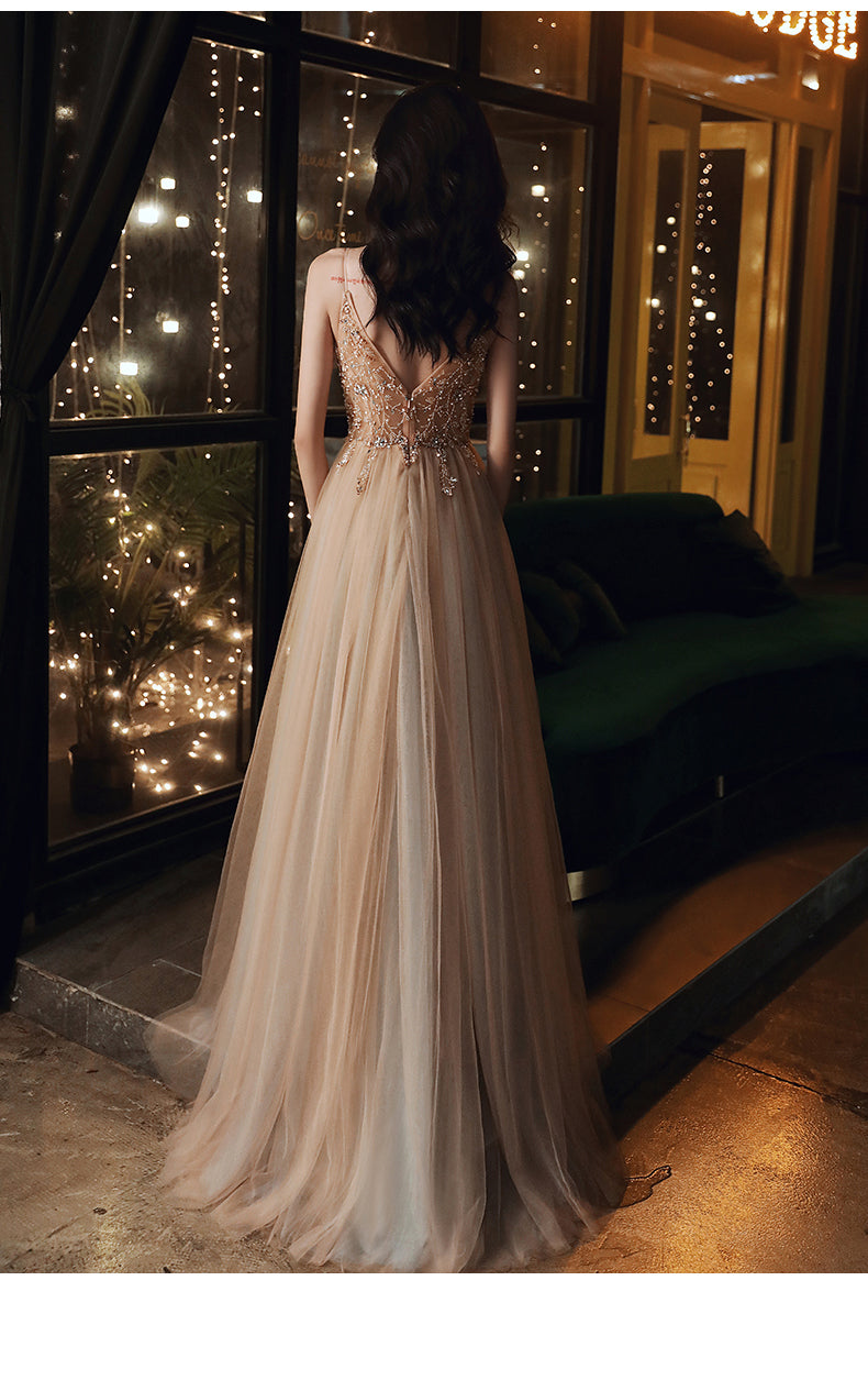 Sexy Champagne Beaded Deep V-neckline Long Party Dress
