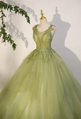 Vestido de fiesta verde claro de tul con apliques de encaje en forma de A 