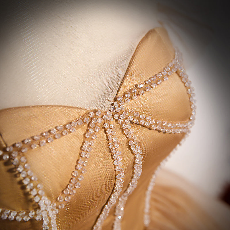 Champagne Tulle Beaded Long Sweet 16 Formal Dresses