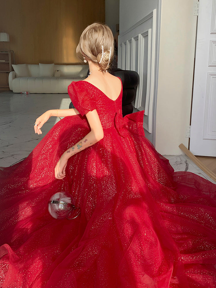 Vestido de fiesta largo de corte A con mangas cortas de tul rojo brillante 