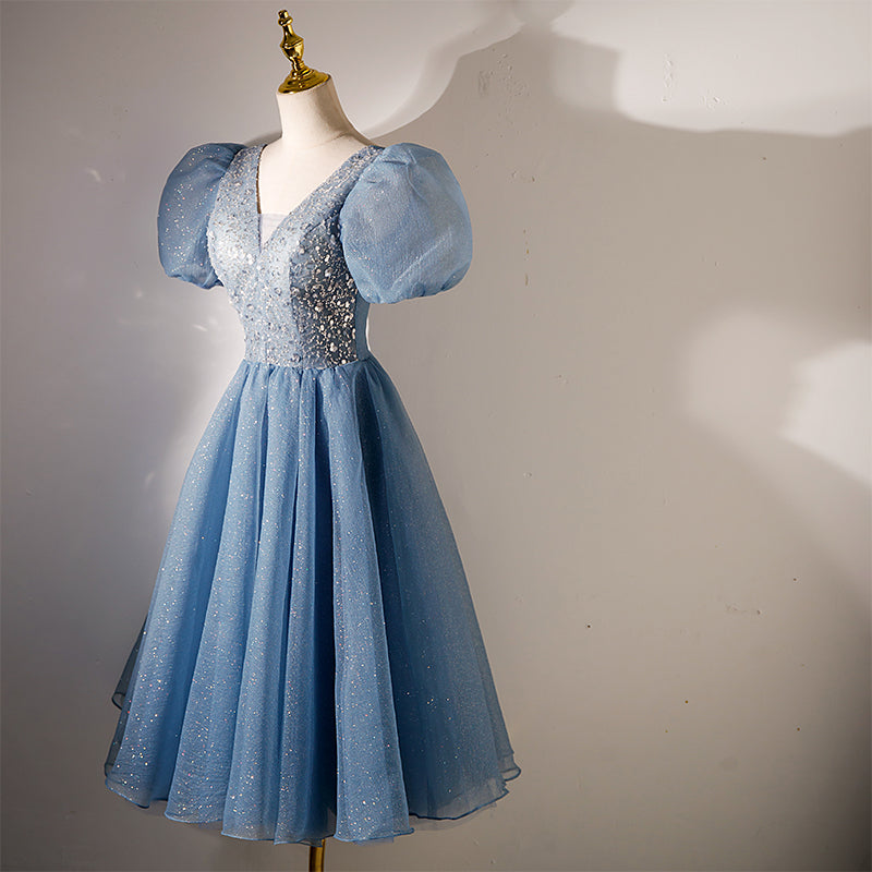 Blue Beaded Tulle Short Sleeves Formal Dresses