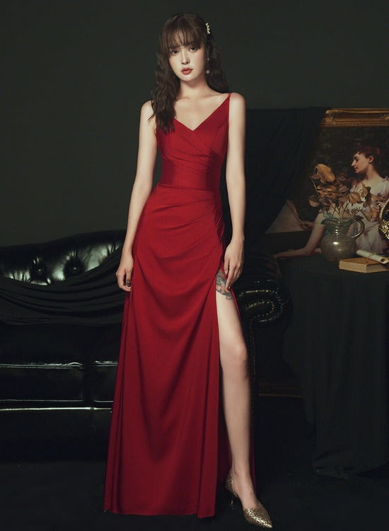 Sexy Wine Red Satin Straps Long Party Dress