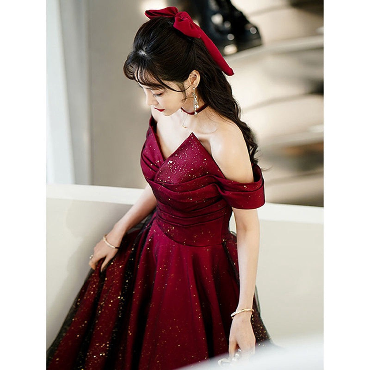 Wine Red and Black Off Shoulder Satin Party Dress