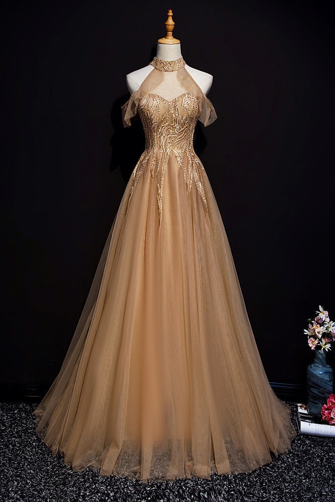 Charming Champagne Tulle Halter Long Party Gown