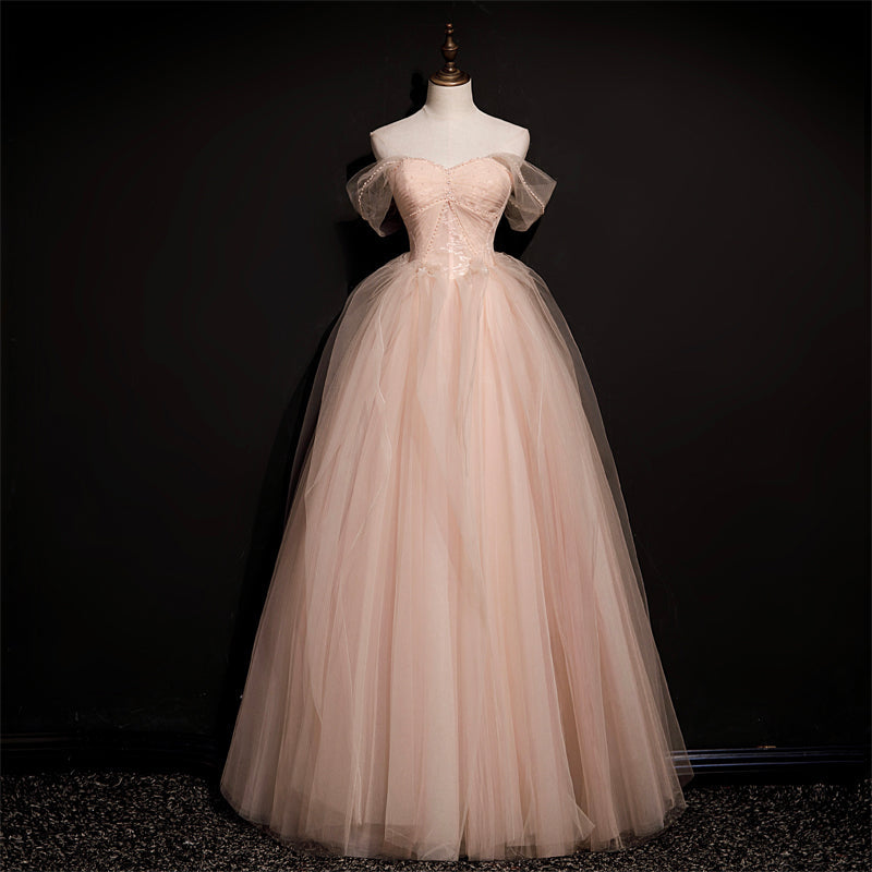 Pink Off Shoulder Beaded Tulle Long Party Dresses