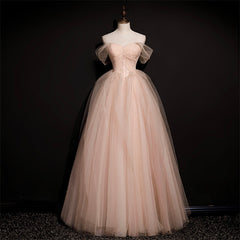 Pink Off Shoulder Beaded Tulle Long Party Dresses